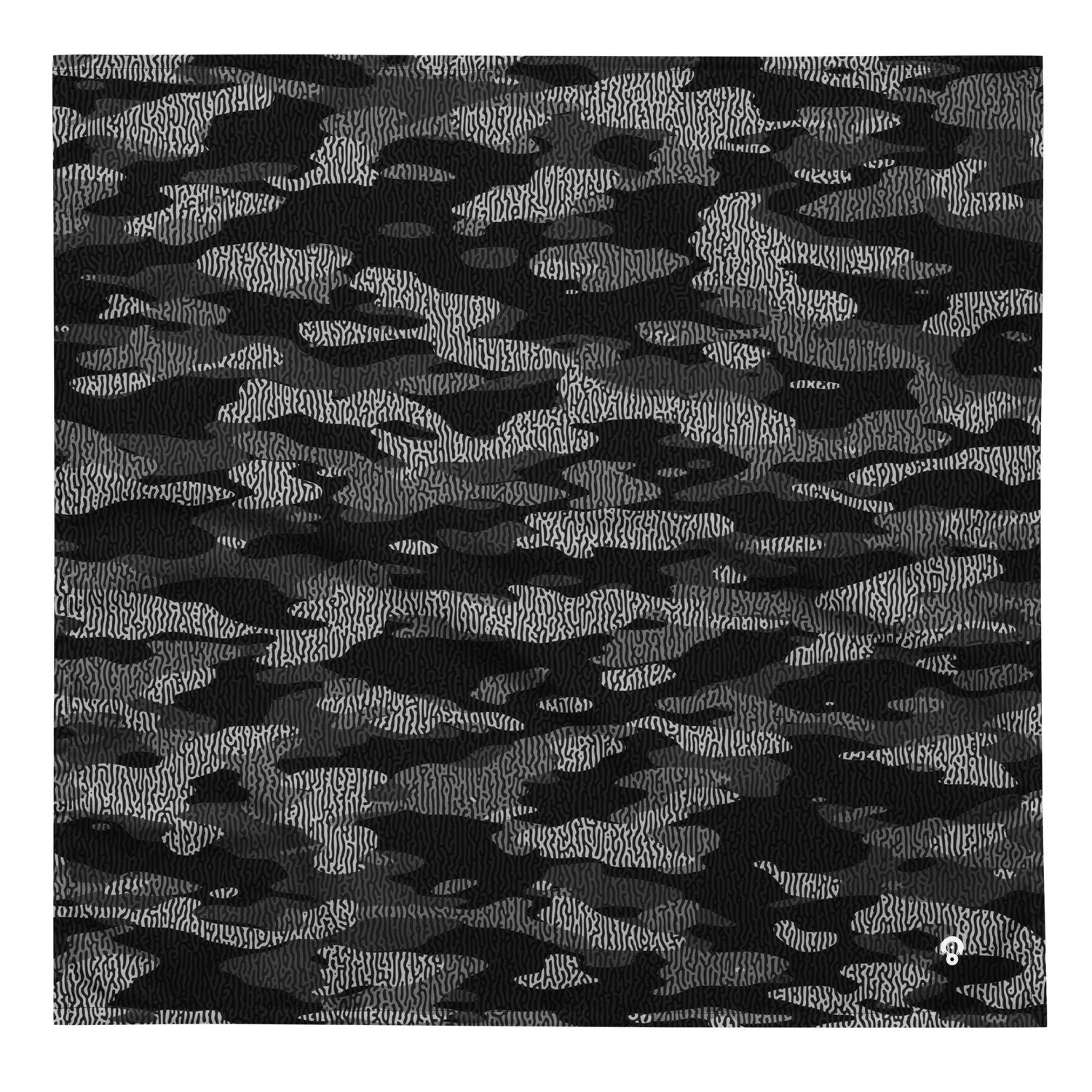Monochrome camouflage pattern overlaid with ripple-line textures, resembling embedded signal noise, from the Gulf #C design by Scarfhold.