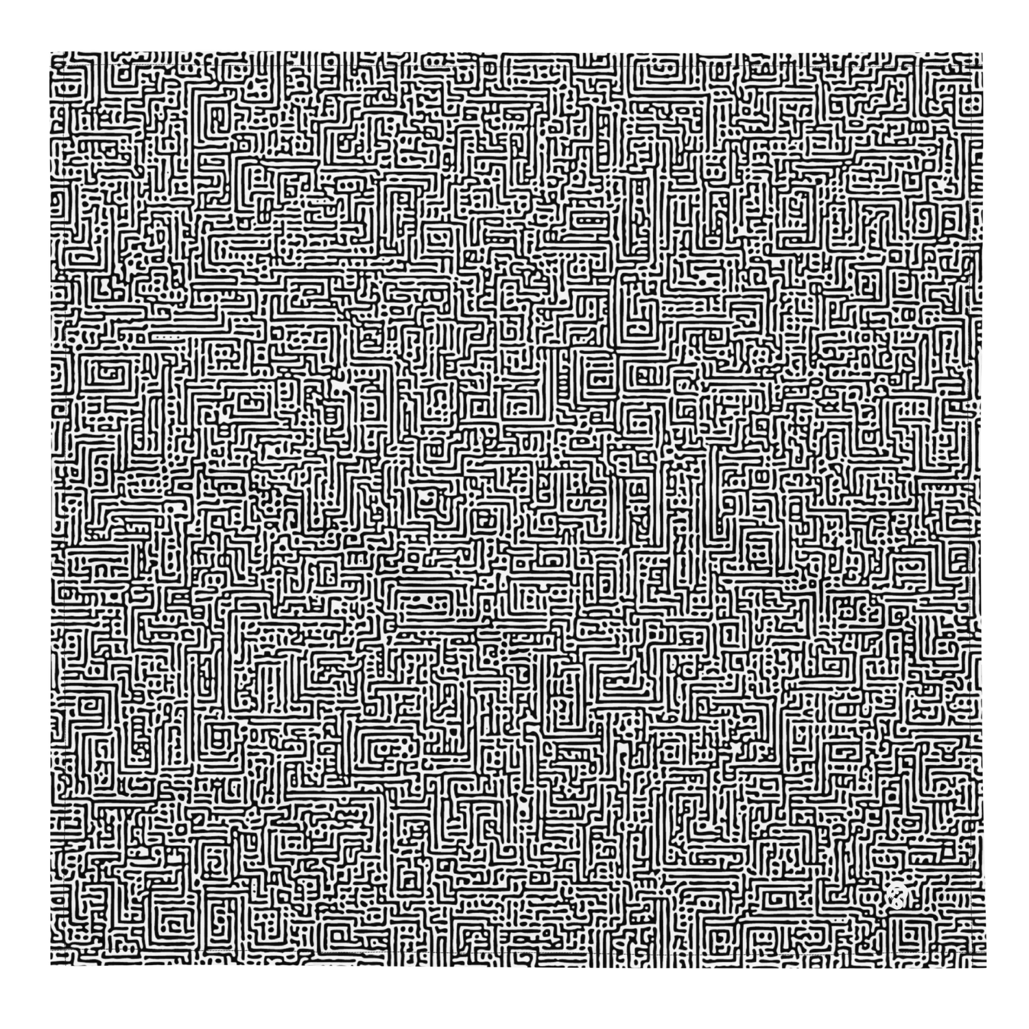 Black-and-white pattern composed of densely packed maze-like lines and grid structures, forming an optical illusion of complexity, from the Labyrinth #A design by Scarfhold.