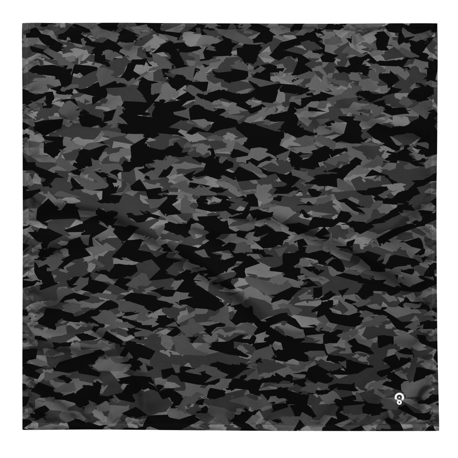 Camouflage pattern of scattered, angular shards in dark grey tones, resembling fractured stone or mica crystal overlays, from the Mica #A design by Scarfhold.