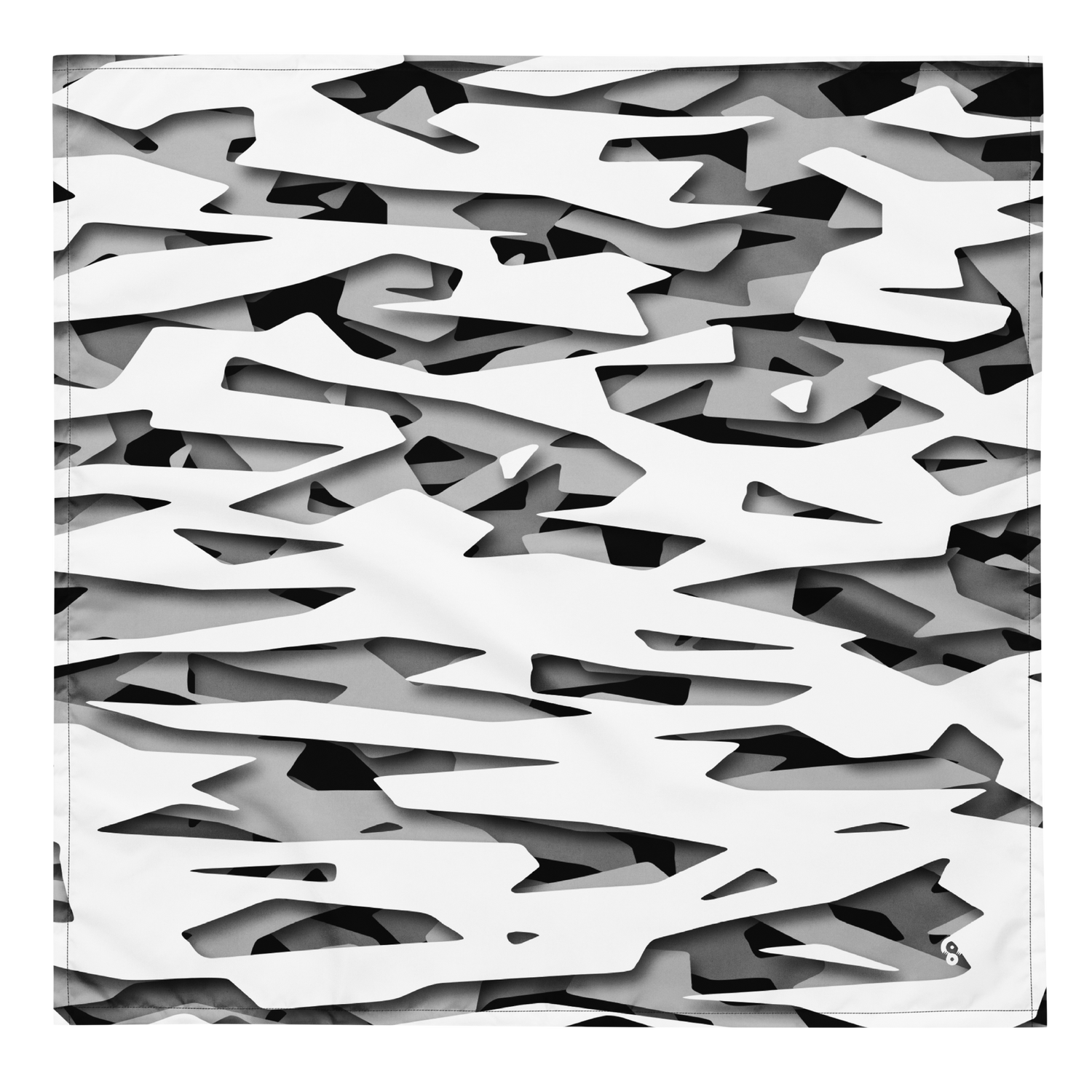 High-contrast abstract camouflage pattern with jagged angular forms and layered cutout shapes resembling torn paper or shards, from the Specto #A design by Scarfhold.