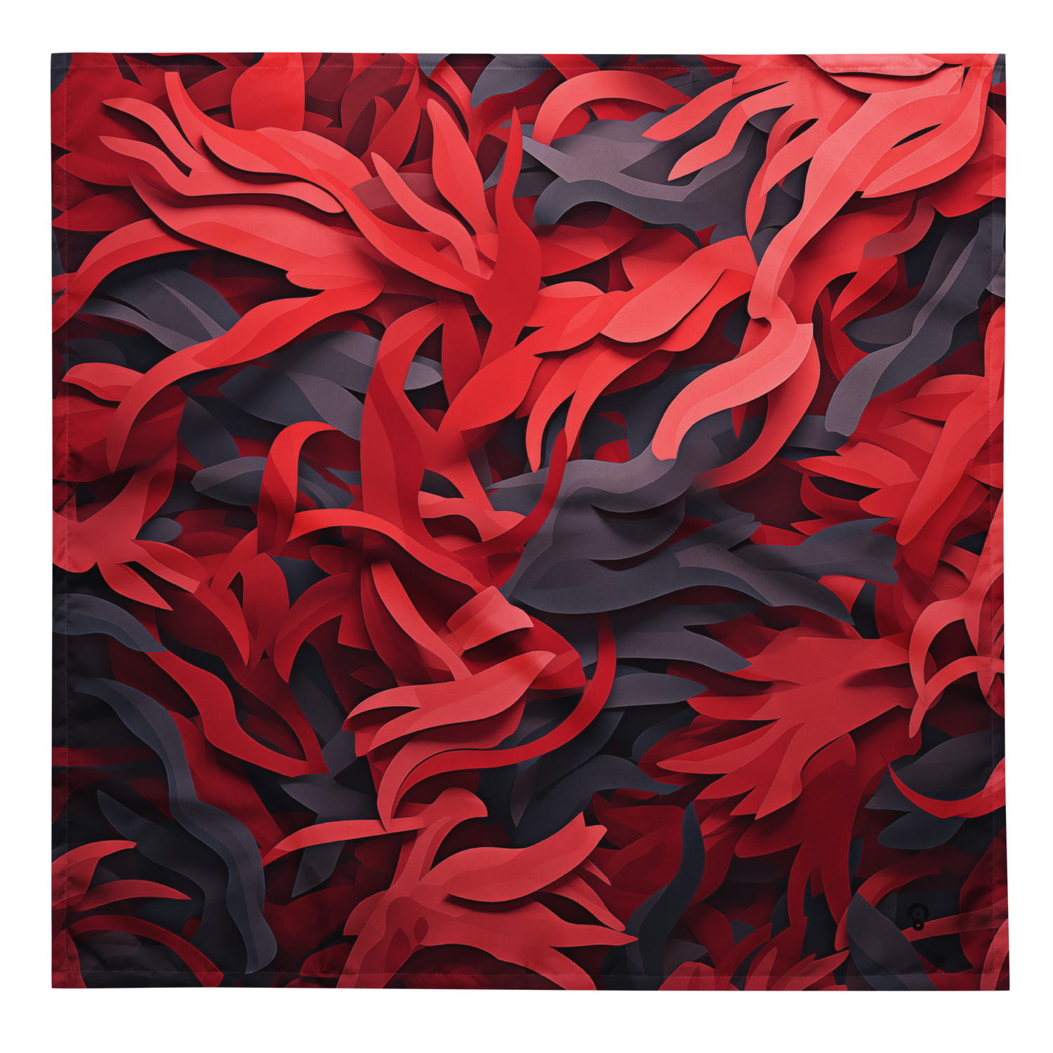 Abstract camouflage pattern of layered red and plum botanical forms with sculptural curvature and high contrast, from the Umbra #A design by Scarfhold.