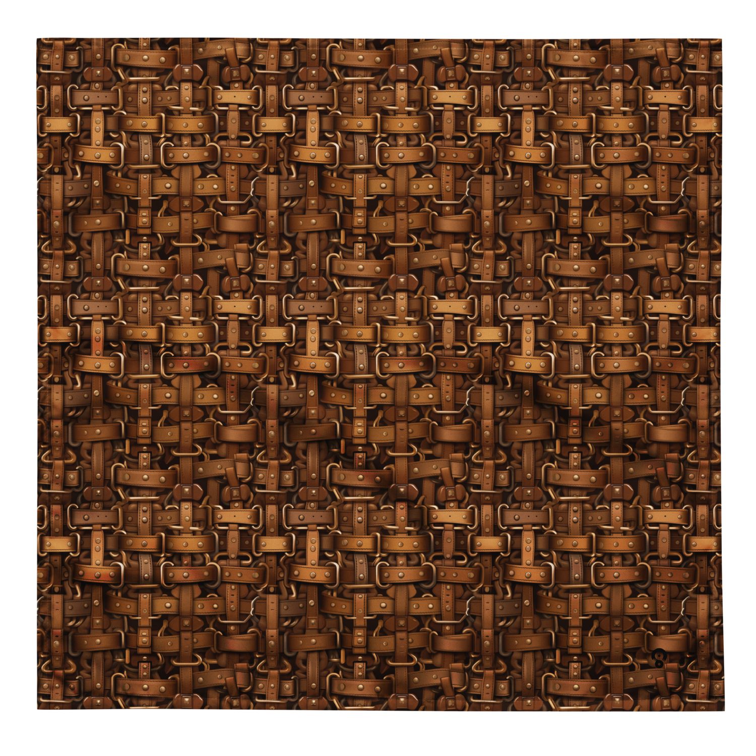 Pattern of overlapping leather belts and buckles forming a dense, interwoven texture in brown tones, from the Harness #A design by Scarfhold.
