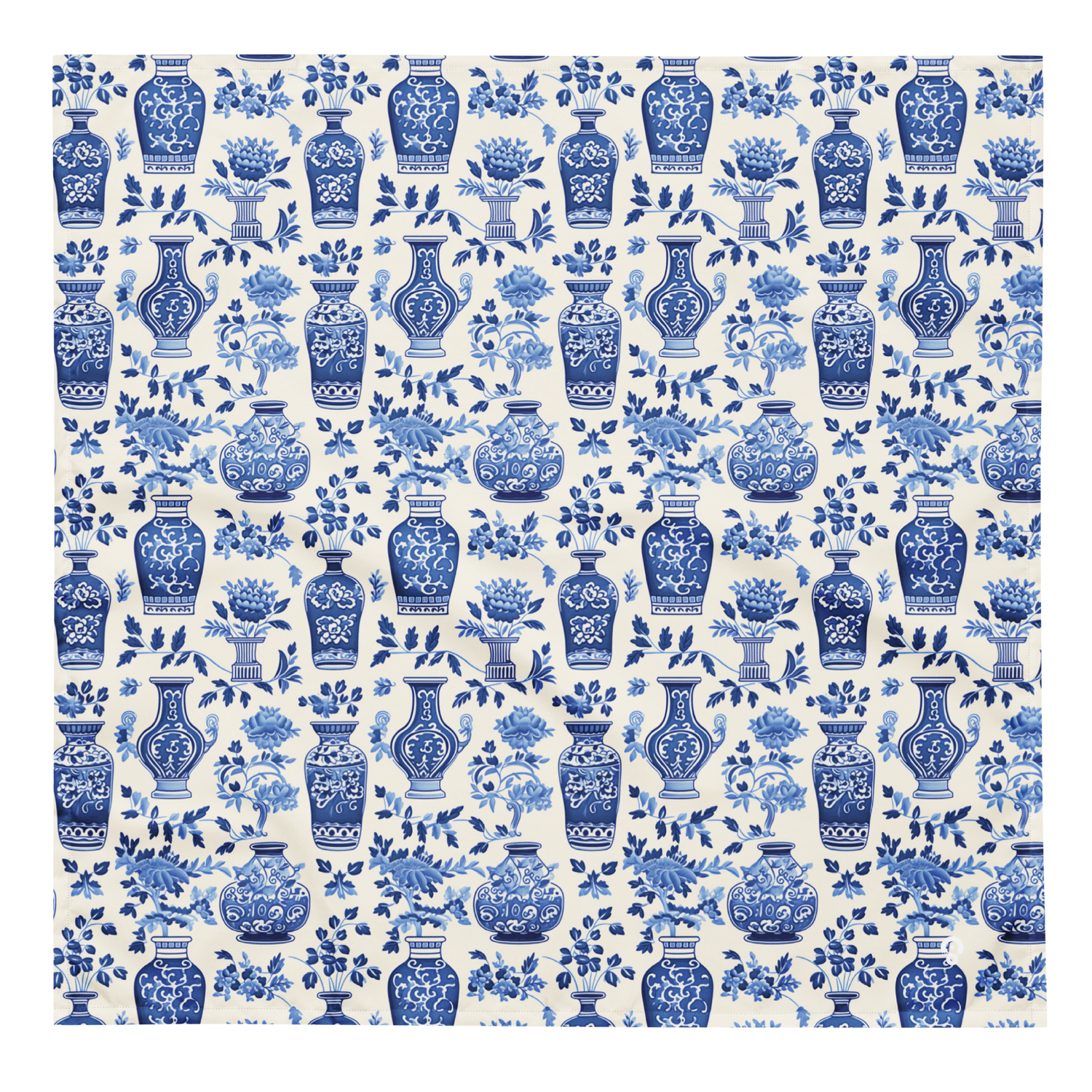 Pattern of cobalt blue vases and floral arrangements inspired by porcelain painting, printed on a pale fabric background, from the Vase design by Scarfhold.