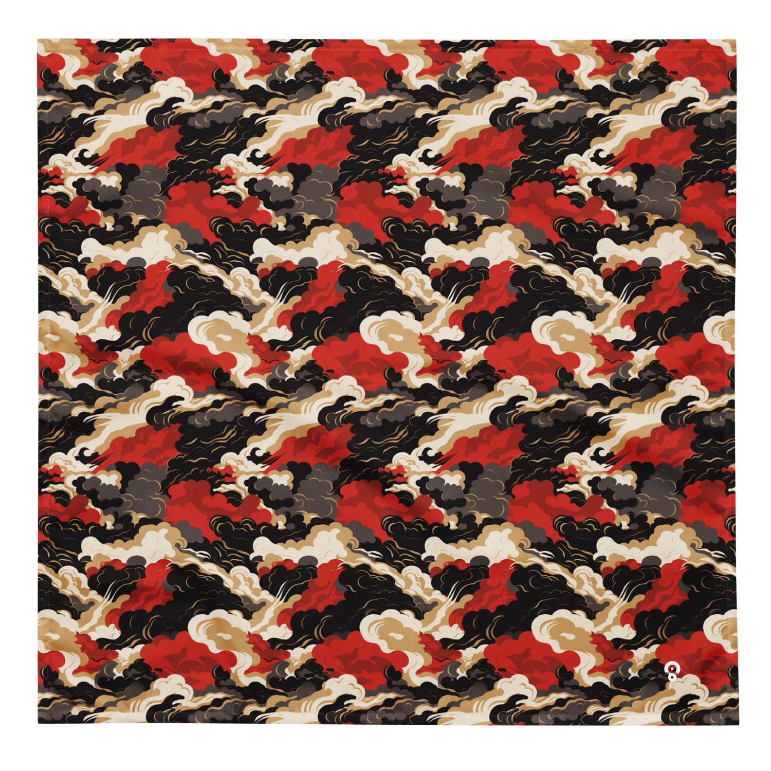 Layered cloud swirl pattern with bold arcs and stormlike plumes in a fiery red, black, and cream palette, from the Tempest #A design by Scarfhold.