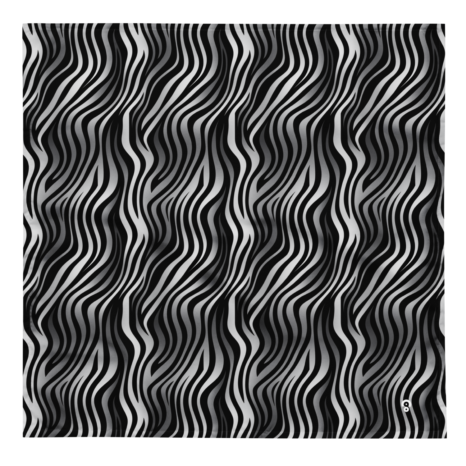 Wavy zebra-inspired camouflage pattern in black and white with organic, undulating stripe forms that create a kinetic optical effect, from the Zebrado #A design by Scarfhold.