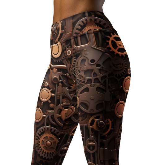 Clockwork high-waisted yoga leggings, close three-quarter pattern view.