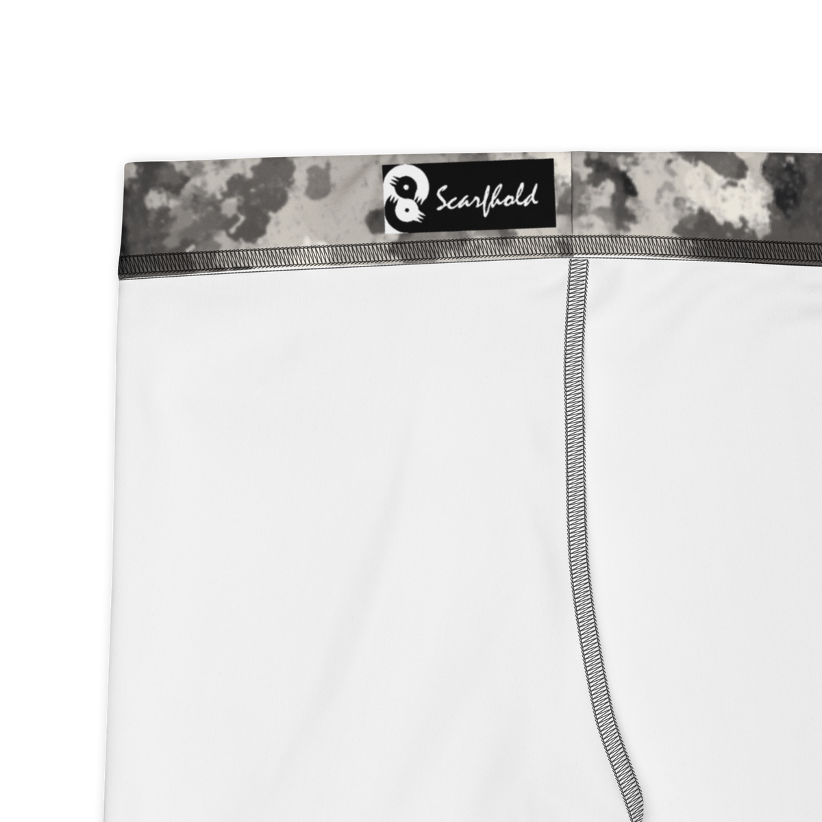 Conculous Static Greyscale camouflage mid-rise comfort leggings, fabric and construction details.