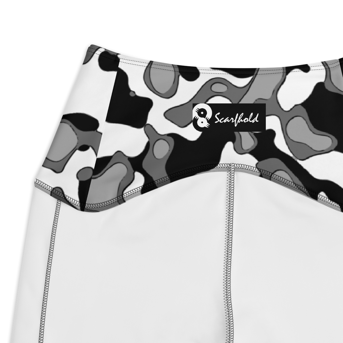 Copse Greyscale high-waisted pocket leggings, inside-label and construction detail.