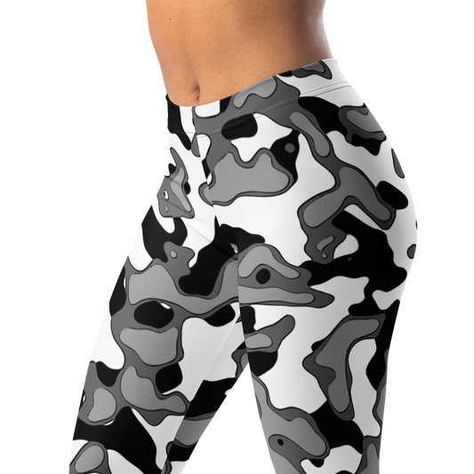 Copse Greyscale mid-rise comfort leggings, waistband and pattern detail.