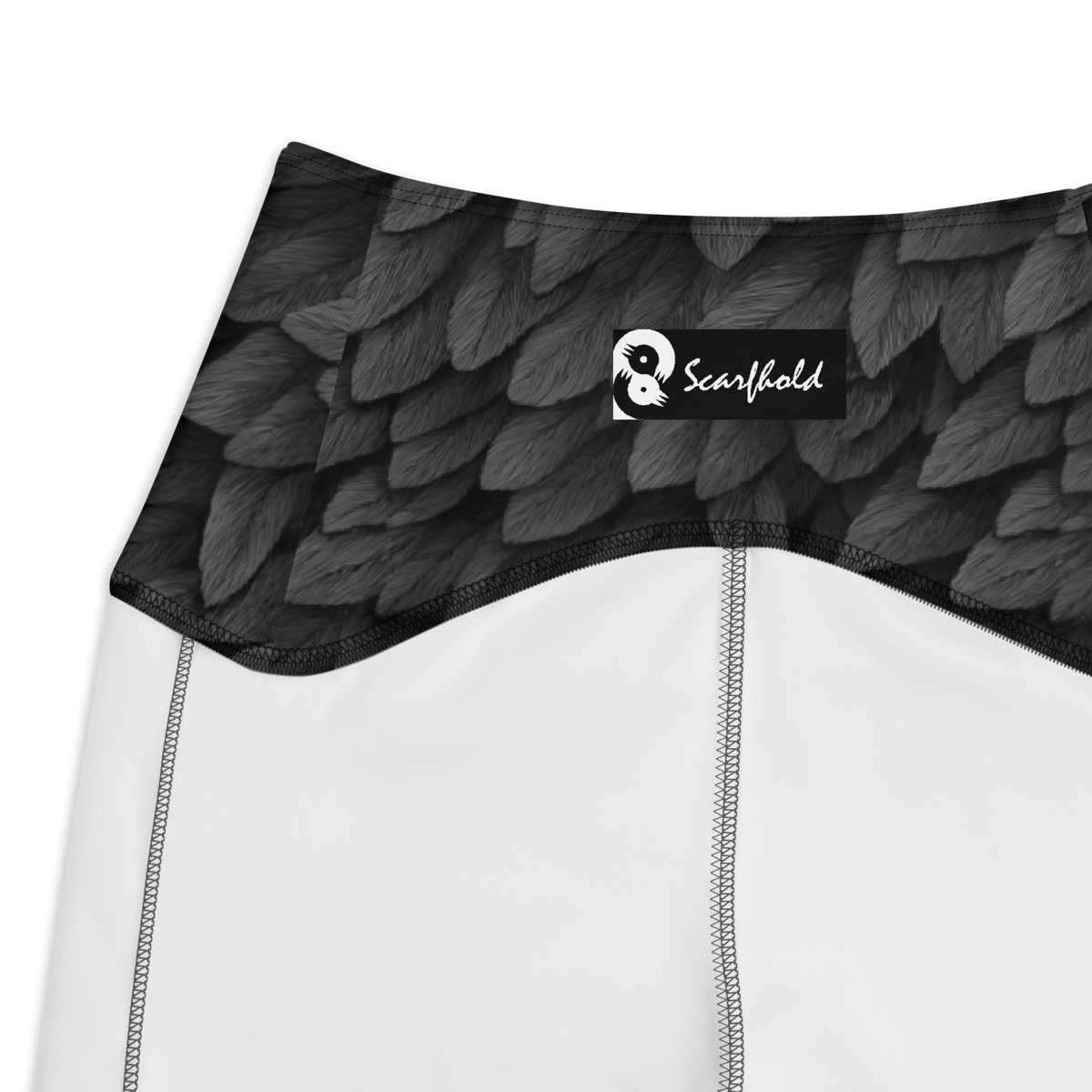 Corvid Greyscale high-waisted pocket leggings, inside-label and construction detail.