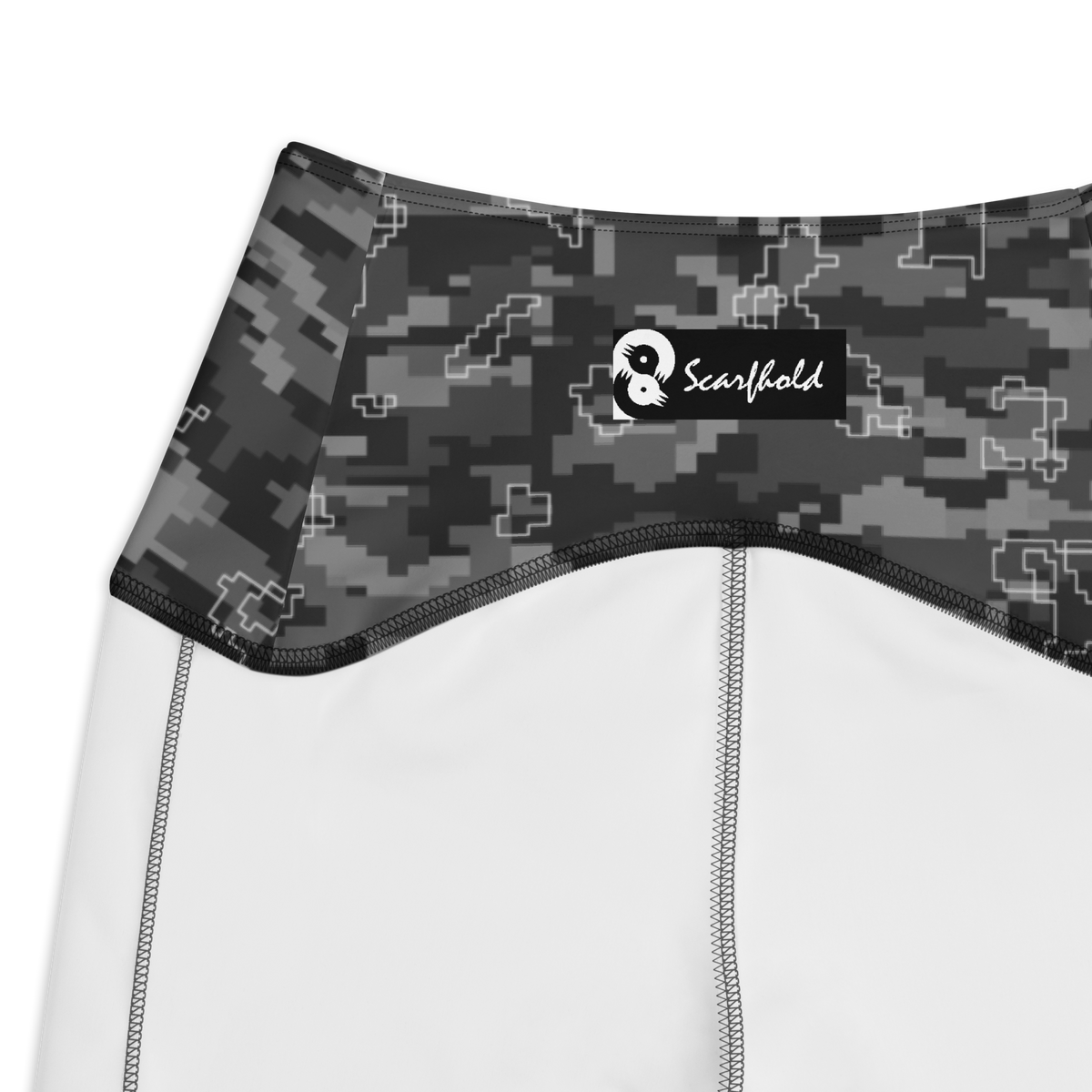 Digita Greyscale camouflage high-waisted pocket leggings, inside-label and construction detail.
