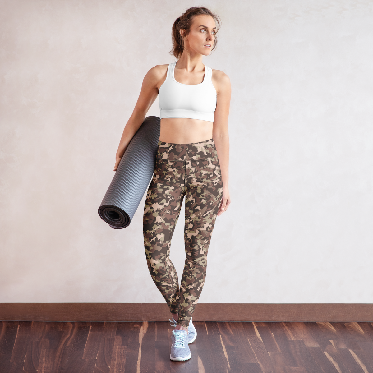 Digita Relaxed Elegance camouflage high-waisted yoga leggings, yoga lifestyle view.