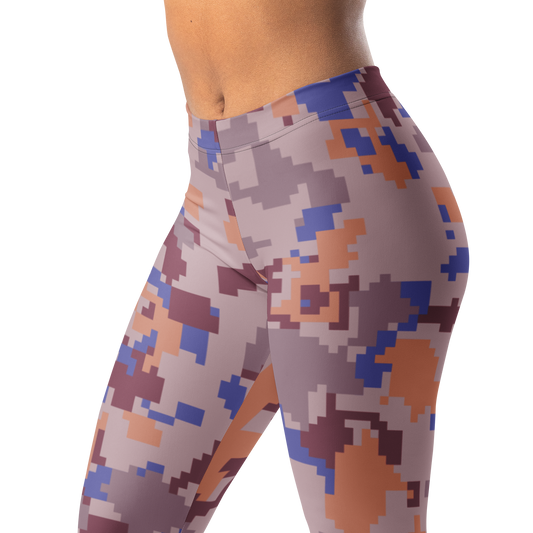 Digita Very Peri 3 camouflage mid-rise comfort leggings, waistband and pattern detail.