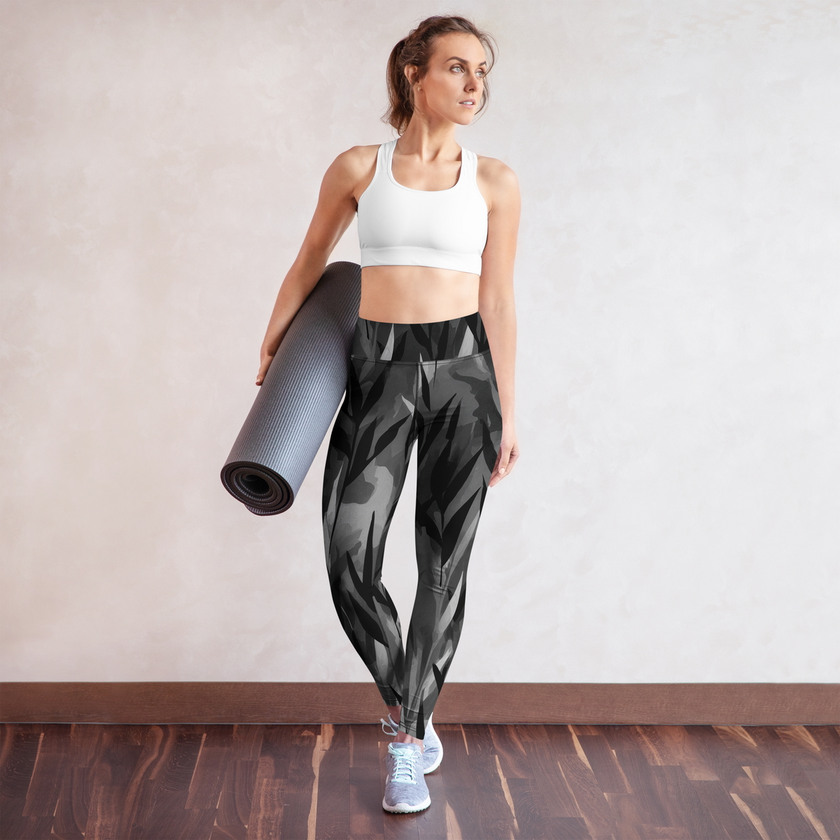 Gardenia Greyscale high-waisted yoga leggings, yoga lifestyle view.