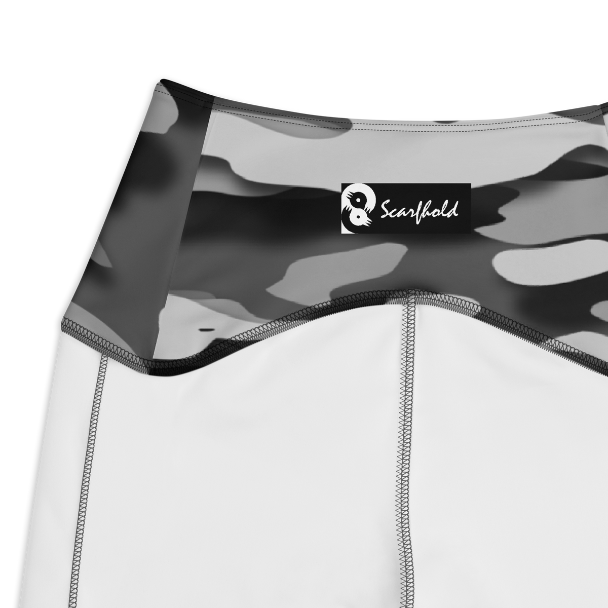 Gulf Greyscale camouflage high-waisted pocket leggings, inside-label and construction detail.