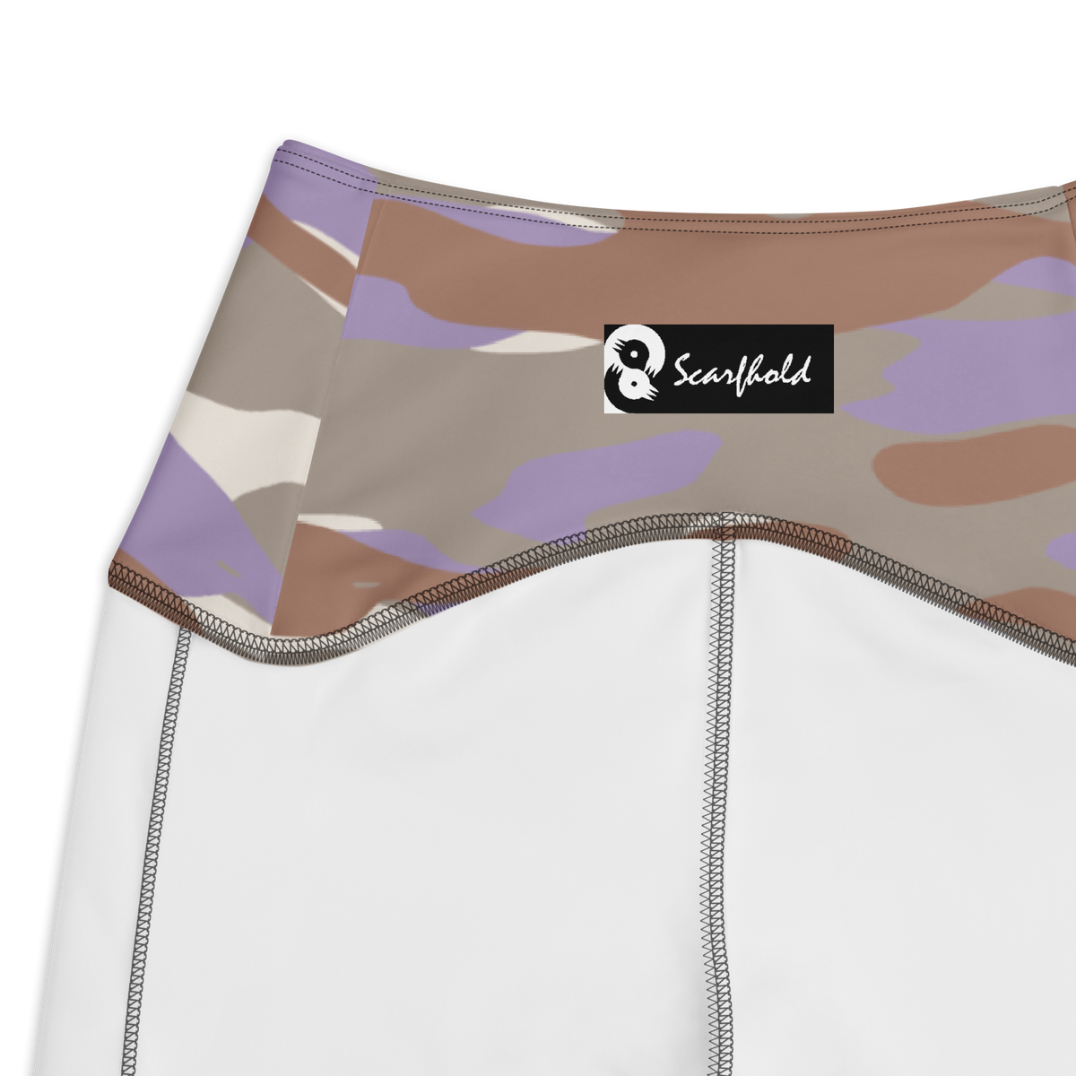 Gulf Relaxed Elegance camouflage high-waisted pocket leggings, inside-label and construction detail.