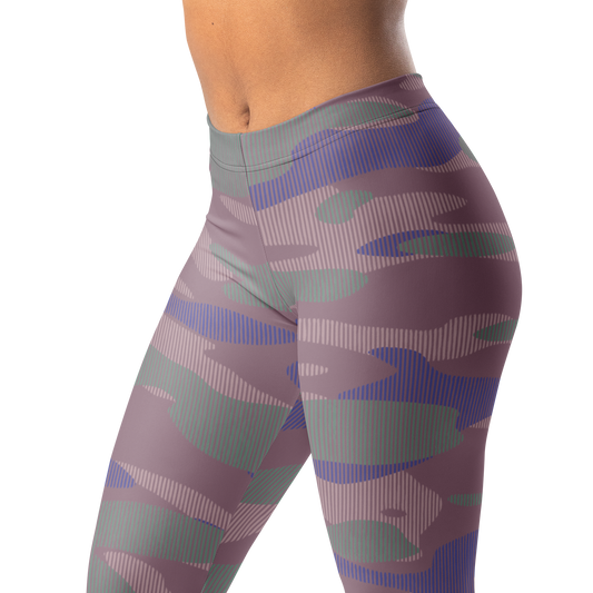 Gulf Striation Very Peri 3 camouflage mid-rise comfort leggings, waistband and pattern detail.
