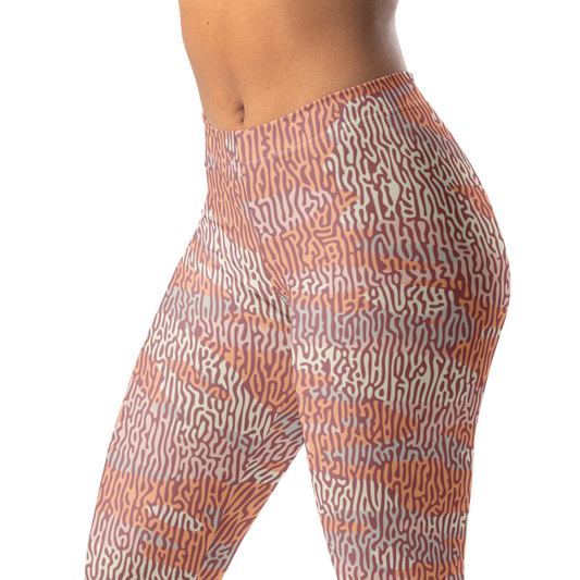 Gulf Turing Peach Harmony camouflage mid-rise comfort leggings, waistband and pattern detail.