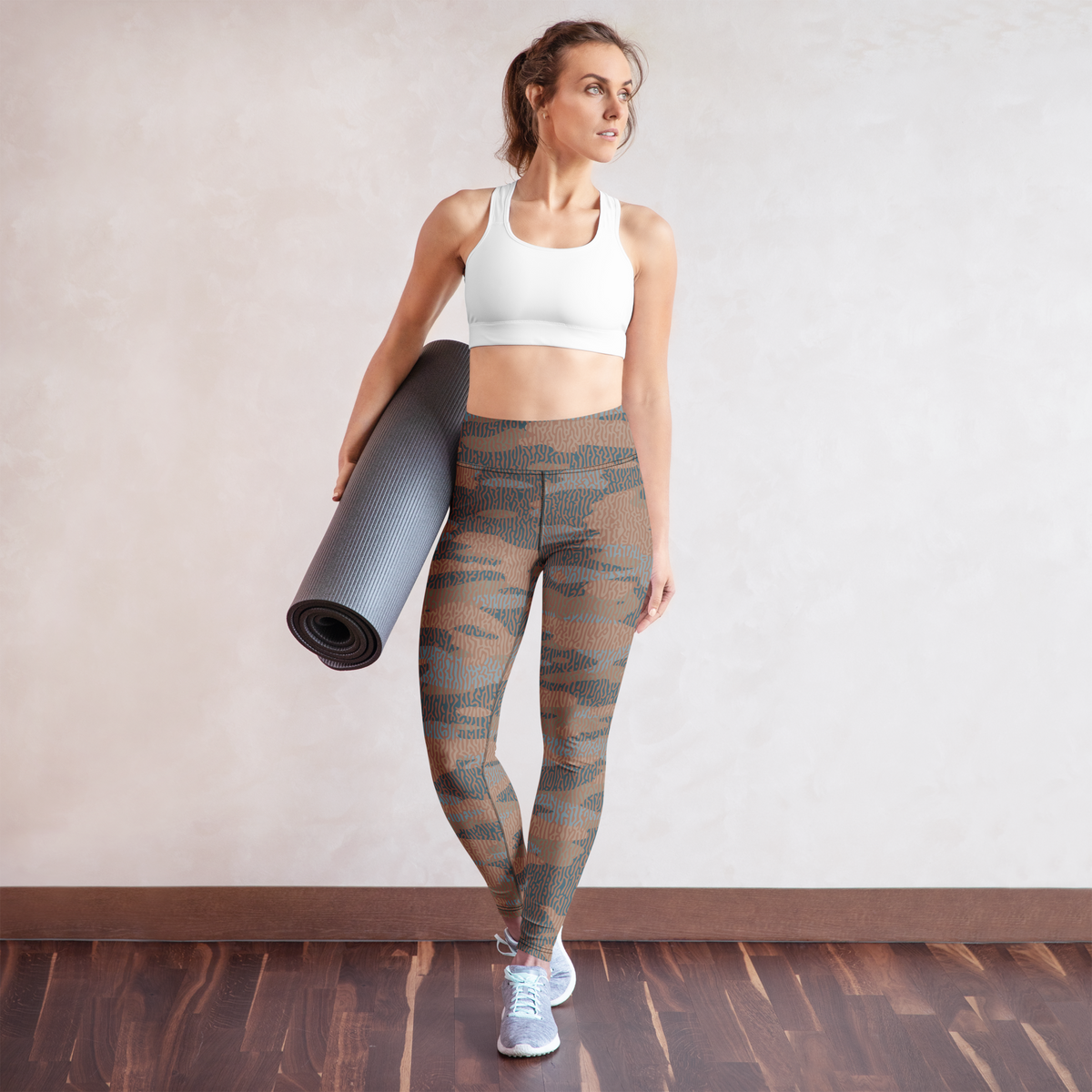 Gulf Turing Relaxed Elegance camouflage high-waisted yoga leggings, yoga lifestyle view.