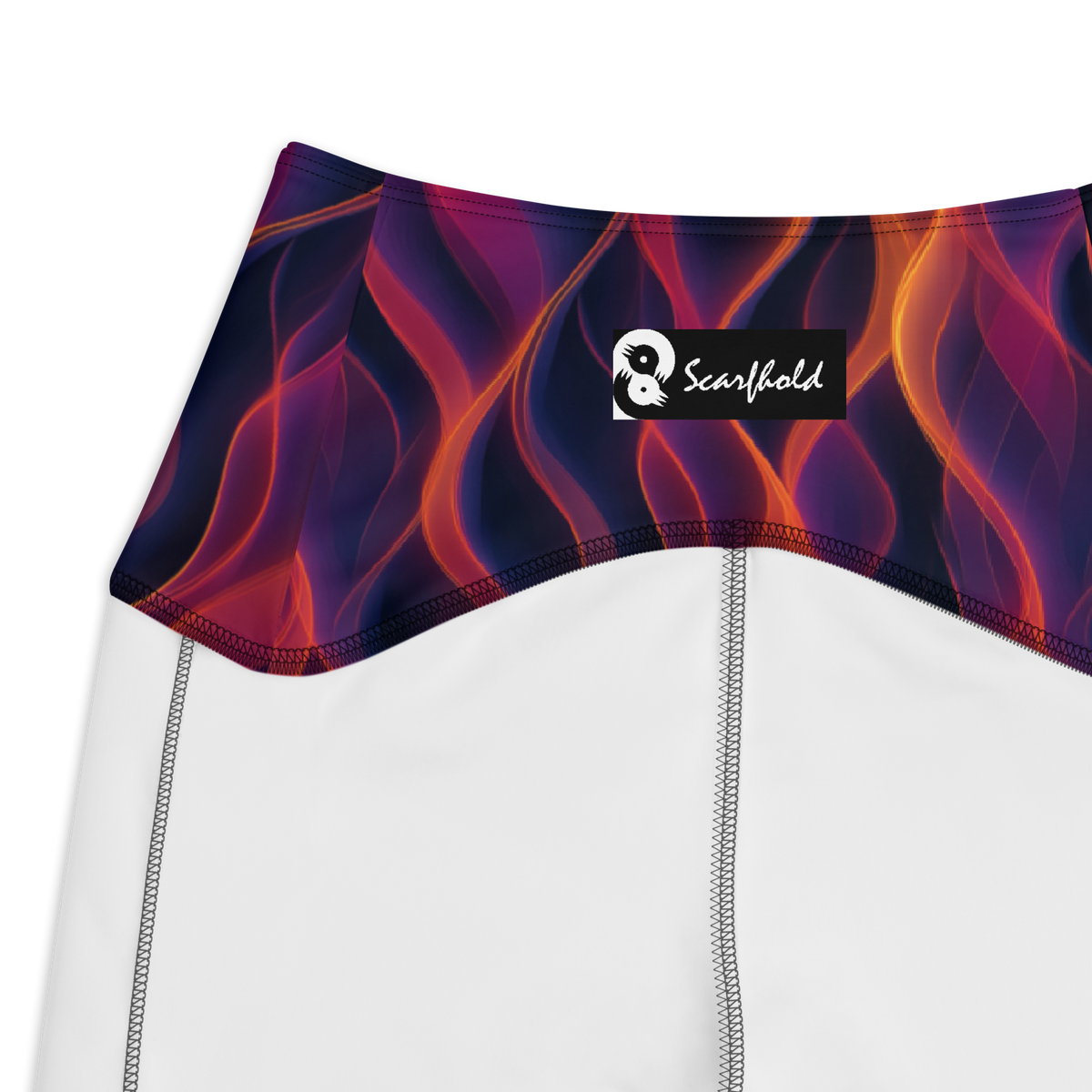 Inferna Purple high-waisted pocket leggings, inside-label and construction detail.