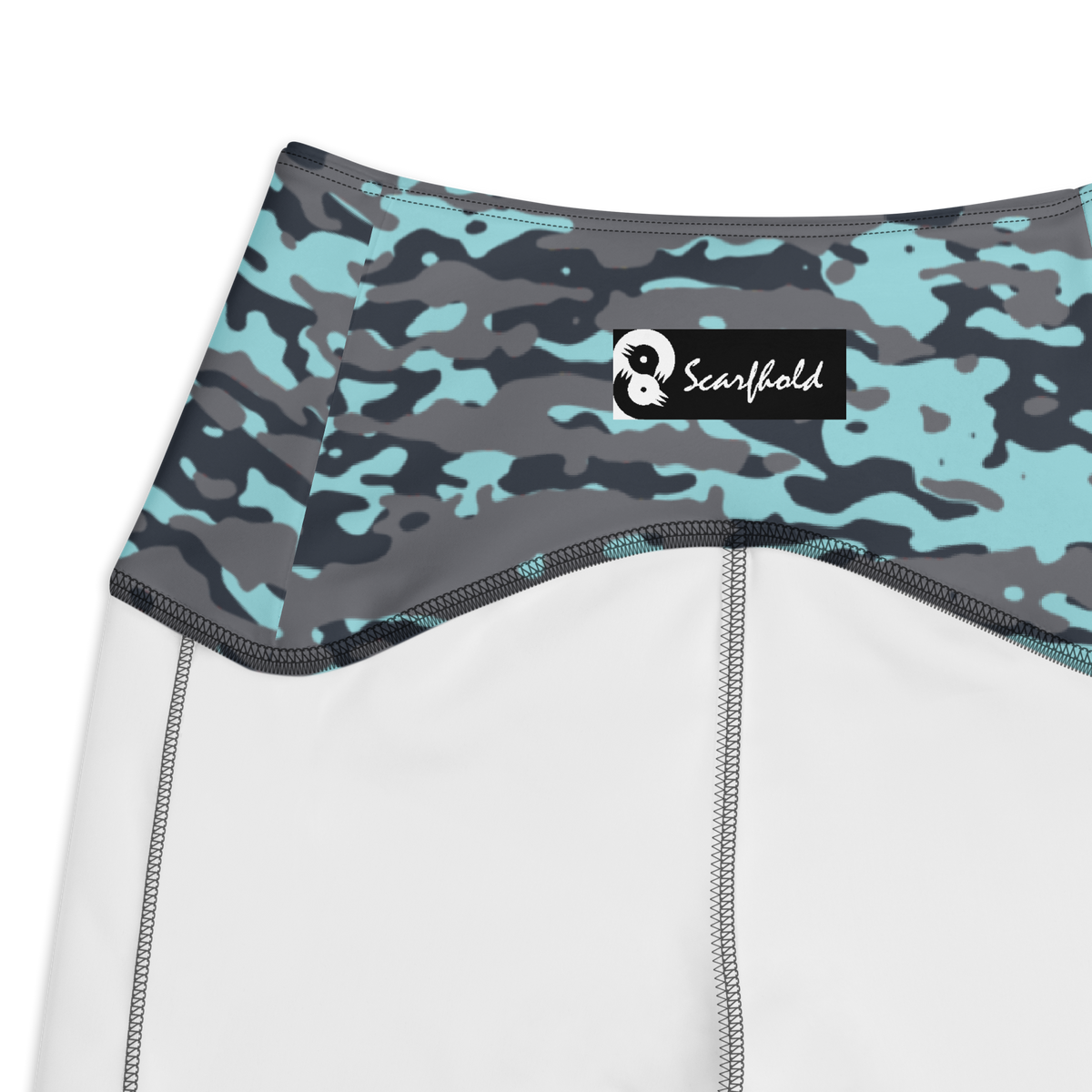 Inka Winter camouflage high-waisted pocket leggings, inside-label and construction detail.