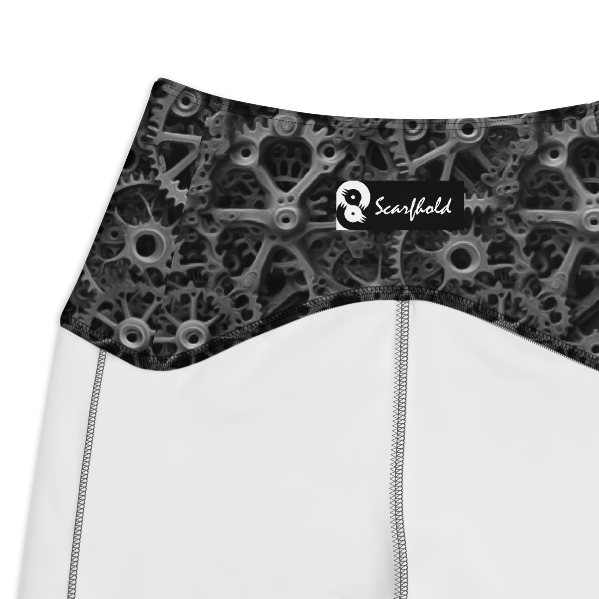 Mechlace Greyscale high-waisted pocket leggings, inside-label and construction detail.