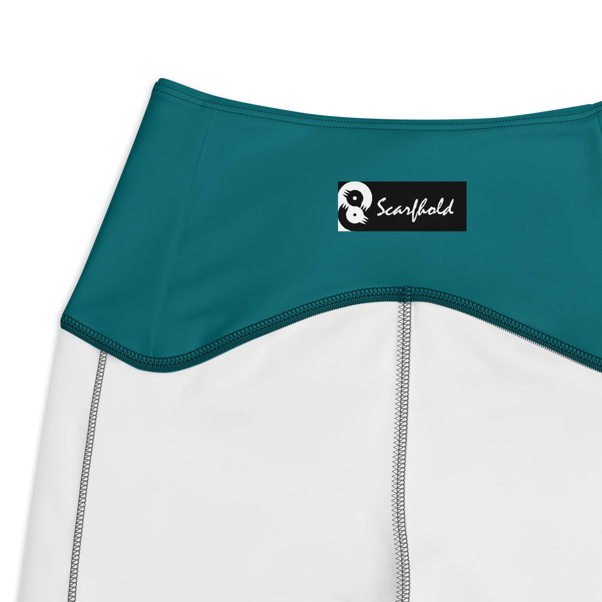 Plain Harbour Blue high-waisted pocket leggings, inside-label and construction detail.