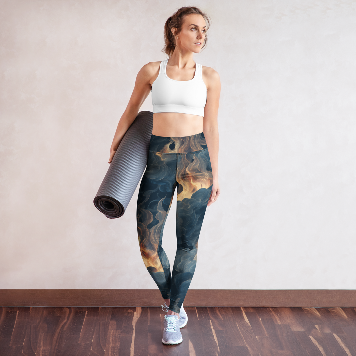 Pluma Blue high-waisted yoga leggings, yoga lifestyle view.