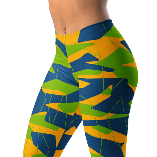 Timbre Summer camouflage mid-rise comfort leggings, waistband and pattern detail.