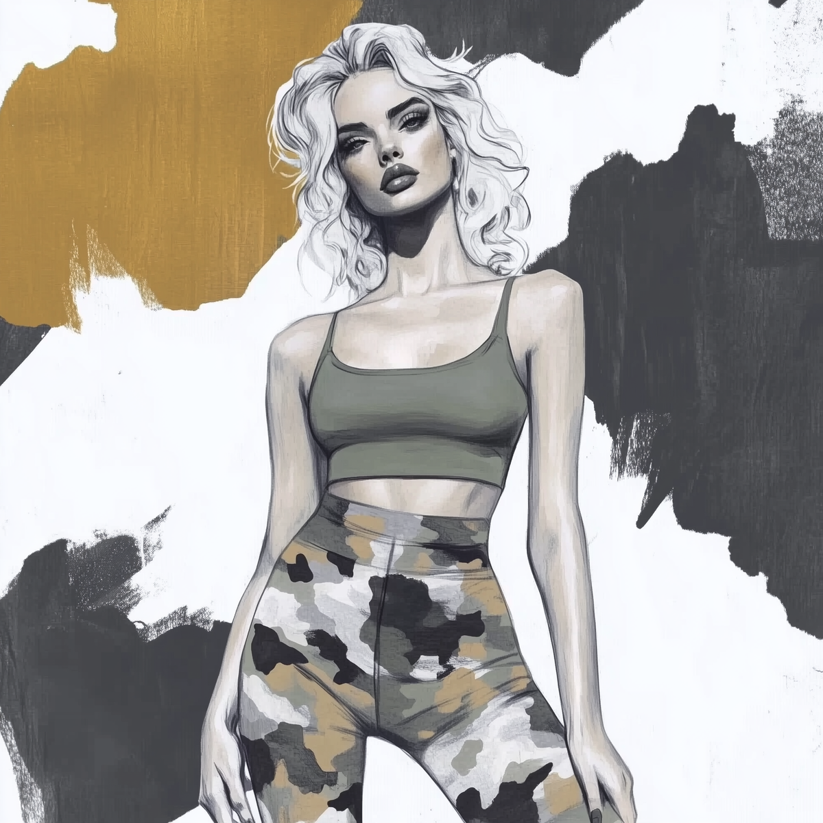 Fashion illustration representing Scarfhold camouflage leggings