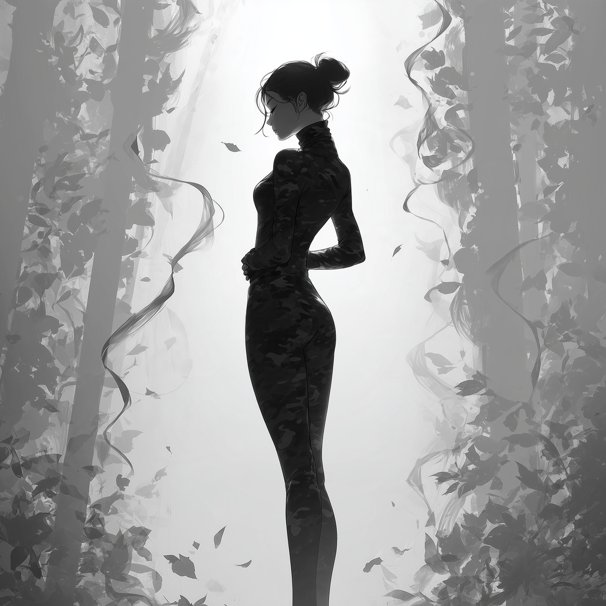 Illustrated woman wearing black camouflage clothing