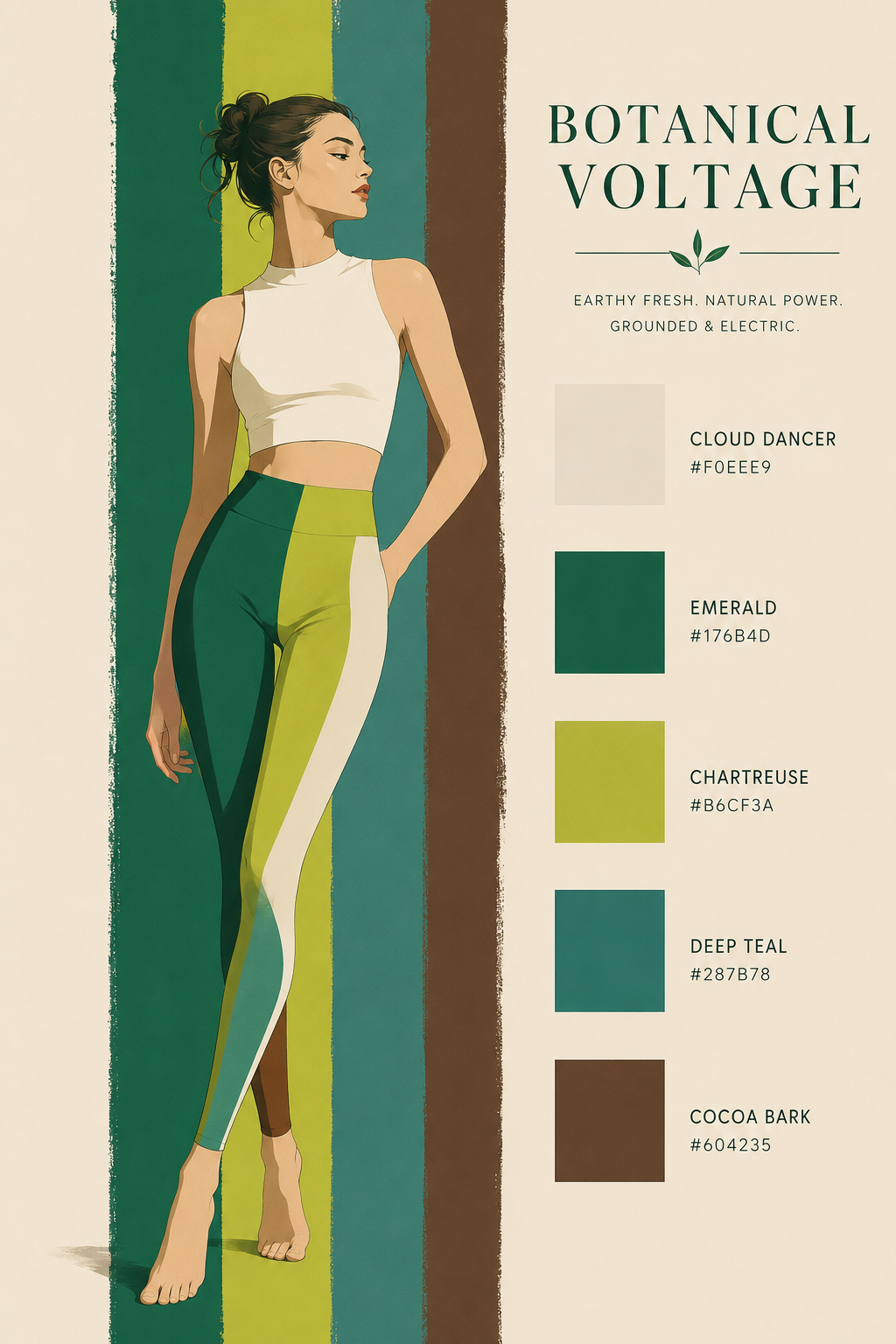 A fashion color board graphic titled 'Botanical Voltage' showing a stylized woman in a white crop top and green-and-white leggings, alongside five color swatches labeled Cloud Dancer, Emerald, Chartreuse, Deep Teal, and Cocoa Bark.