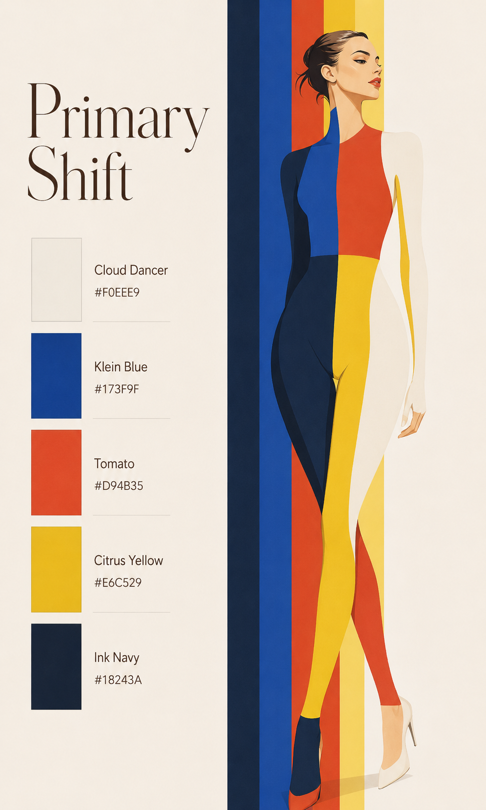 A fashion color board titled 'Primary Shift' on a cream background, showing swatches for Cloud Dancer, Klein Blue, Tomato, Citrus Yellow, and Ink Navy, alongside a stylized illustration of a woman in a multicolor bodysuit.