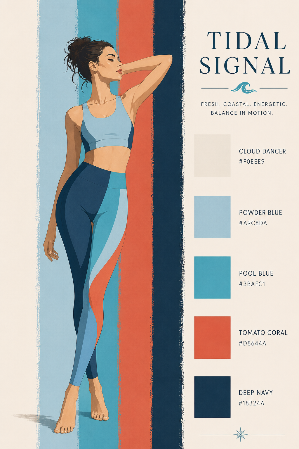 A stylized fashion graphic for Tidal Signal featuring an illustrated woman in athletic wear against vertical blue, coral, and cream stripes, with a color palette list on the right reading Cloud Dancer, Powder Blue, Pool Blue, Tomato Coral, and Deep Navy.