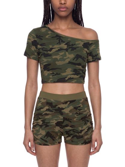 Women's Camo Off-Shoulder Crop T-Shirt