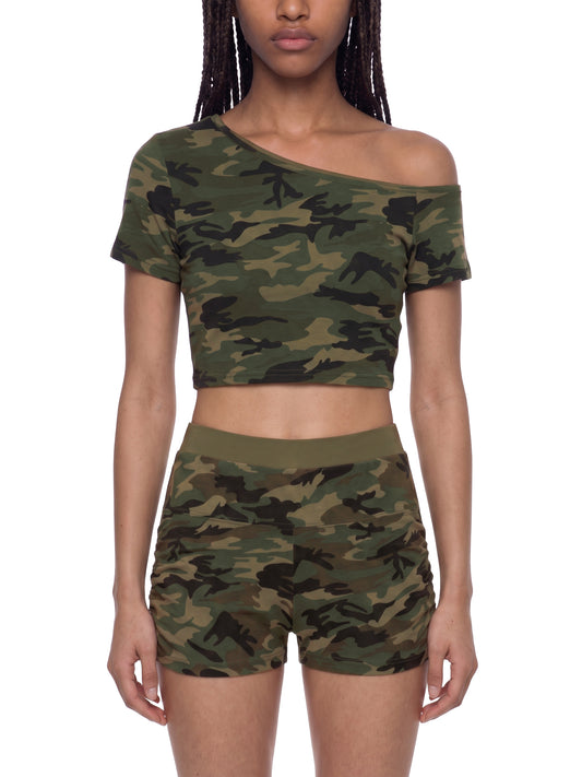 Camo Line — Off-Shoulder Crop T-Shirt