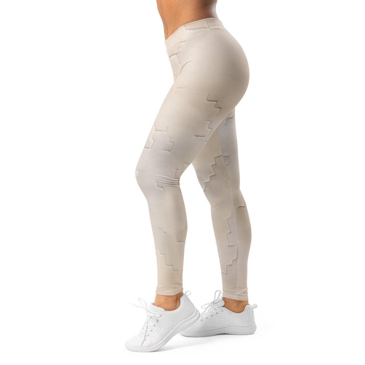 Apparit Beige camouflage mid-rise comfort leggings, left-side view.