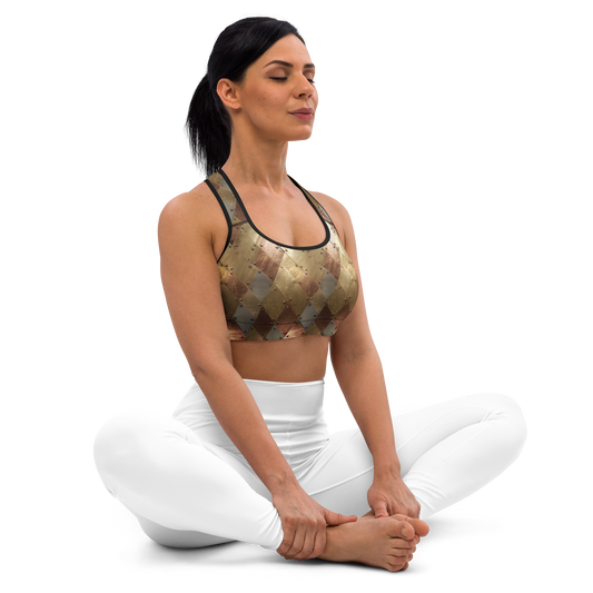 Aureate medium-support padded sports bra in gold, copper and pale metallic diamond plates, modelled seated lifestyle view.