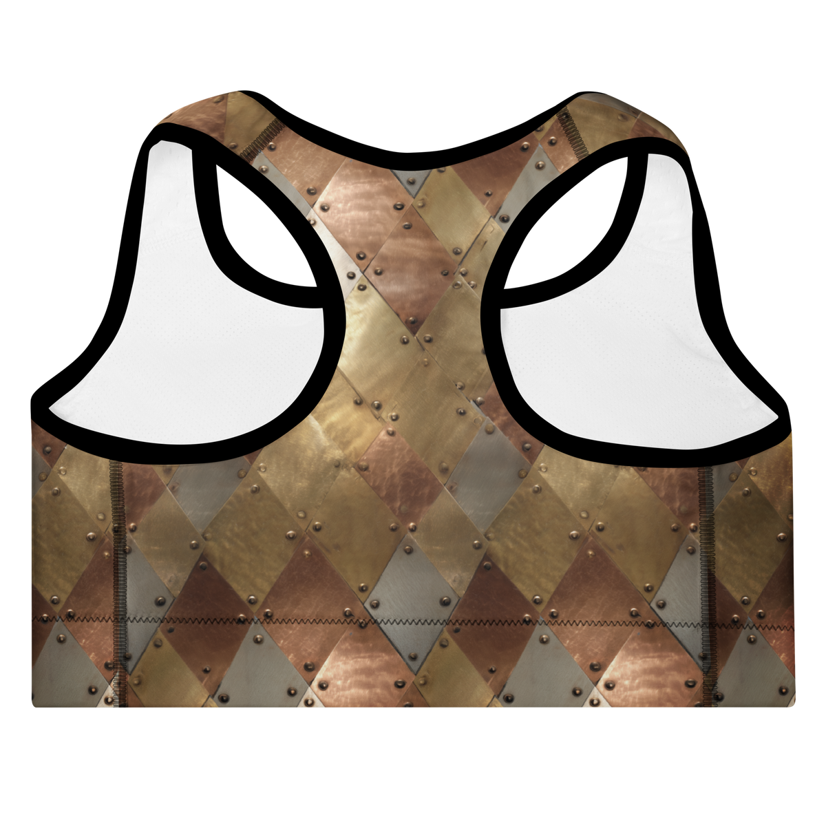 Aureate medium-support padded sports bra in gold, copper and pale metallic diamond plates, product-only back view.
