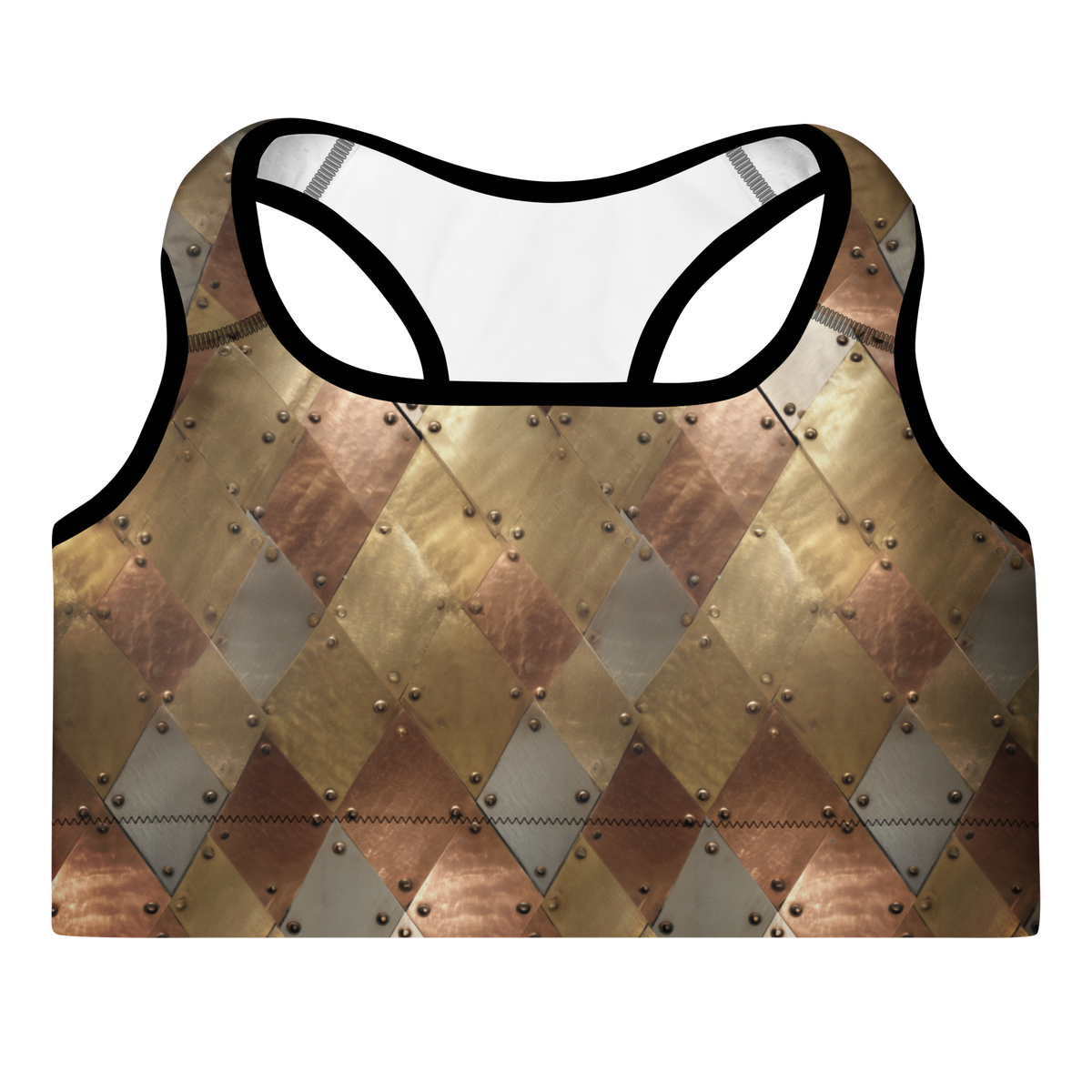 Aureate medium-support padded sports bra in gold, copper and pale metallic diamond plates, product-only front view.