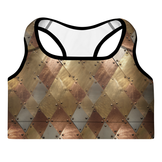 Aureate medium-support padded sports bra in gold, copper and pale metallic diamond plates, product-only front view.