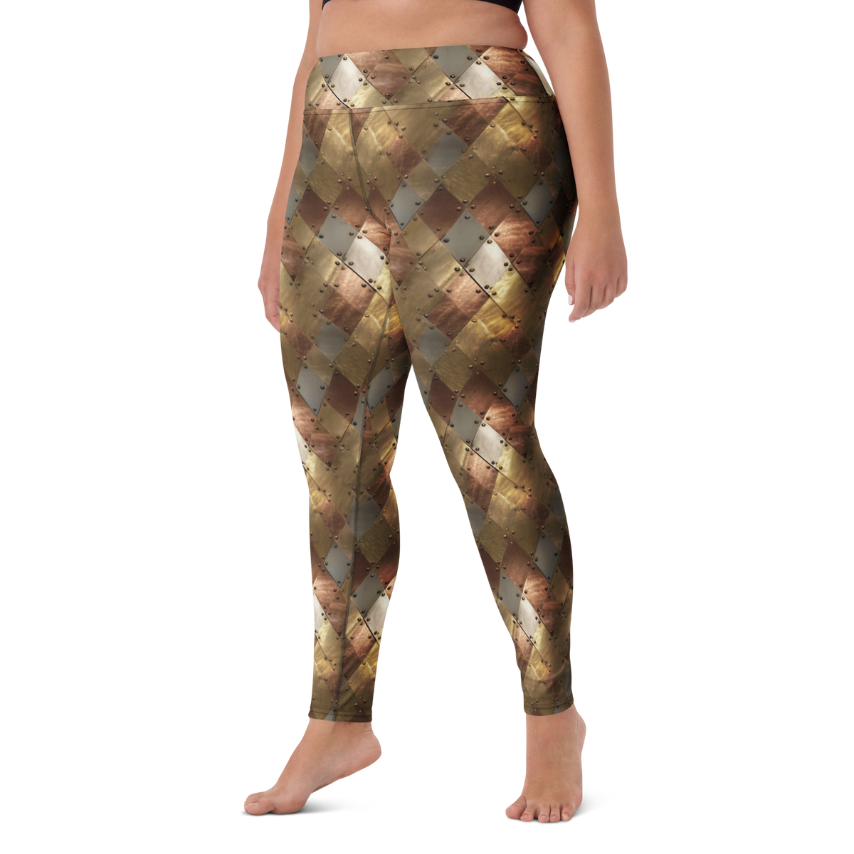 Aureate high-waisted yoga leggings, larger-model left-front view.