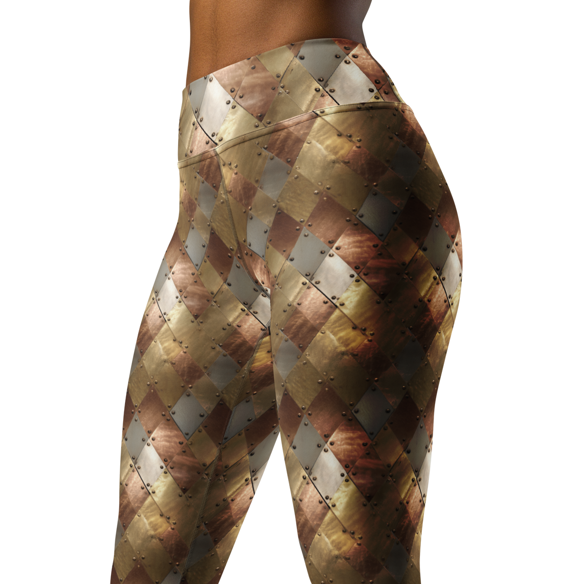 Aureate high-waisted yoga leggings, close three-quarter pattern view.