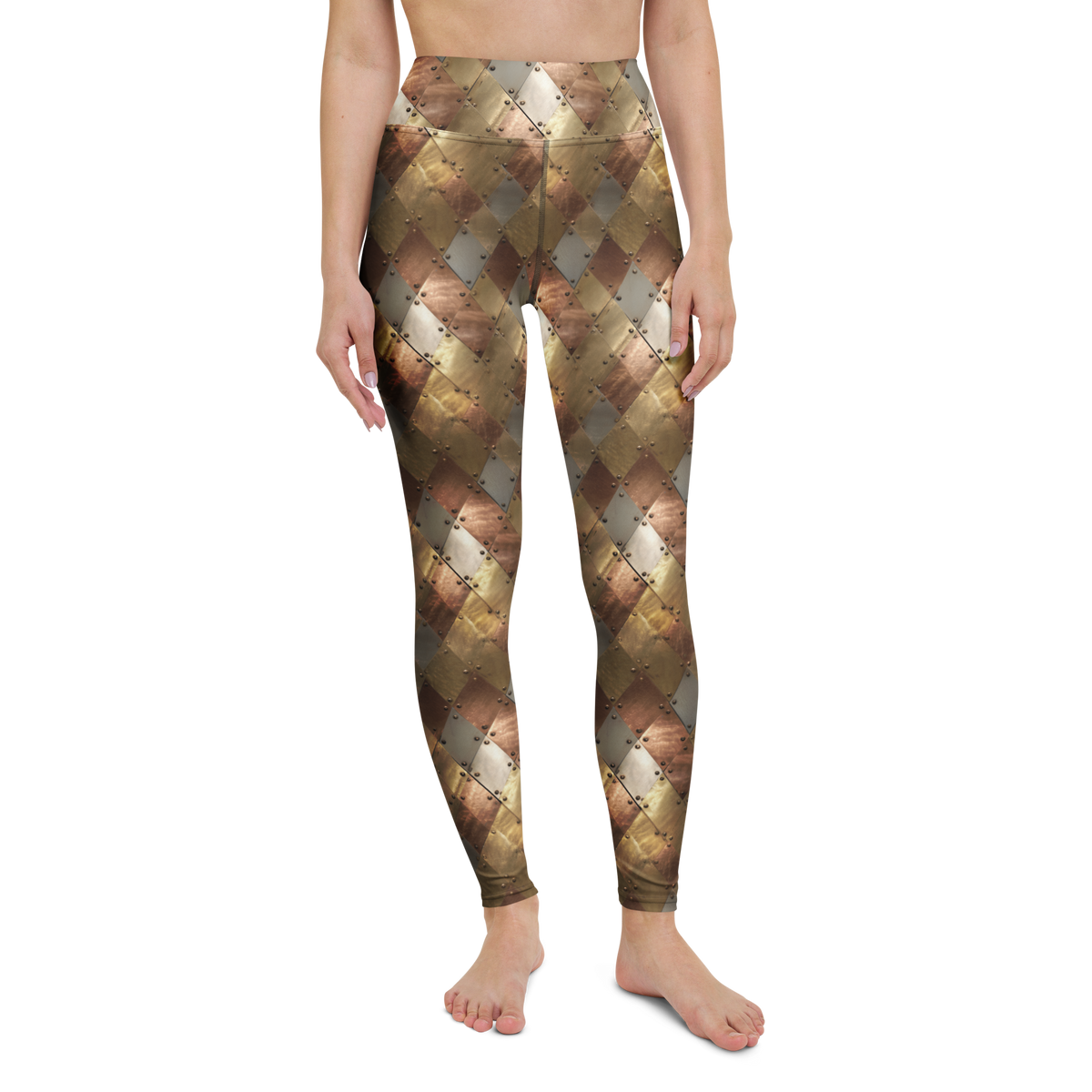 Aureate high-waisted yoga leggings, straight front view, barefoot.