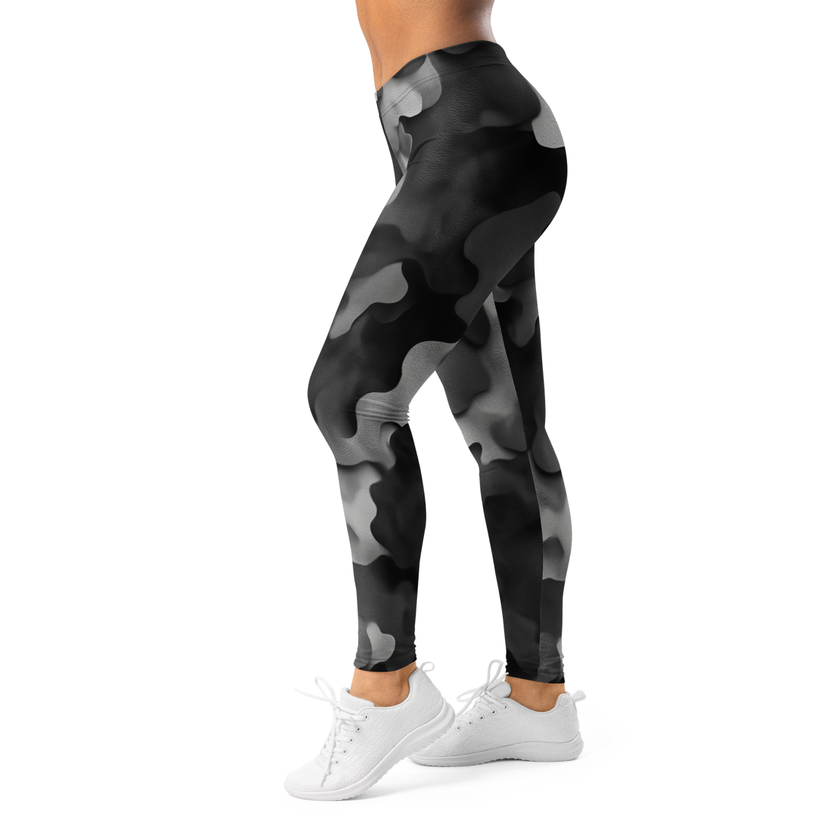 Barketta Greyscale camouflage mid-rise comfort leggings, left-side view.