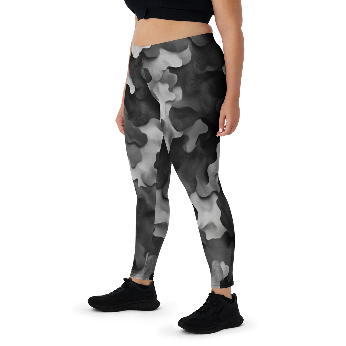 Barketta Greyscale camouflage mid-rise comfort leggings, oversize-fit front view.