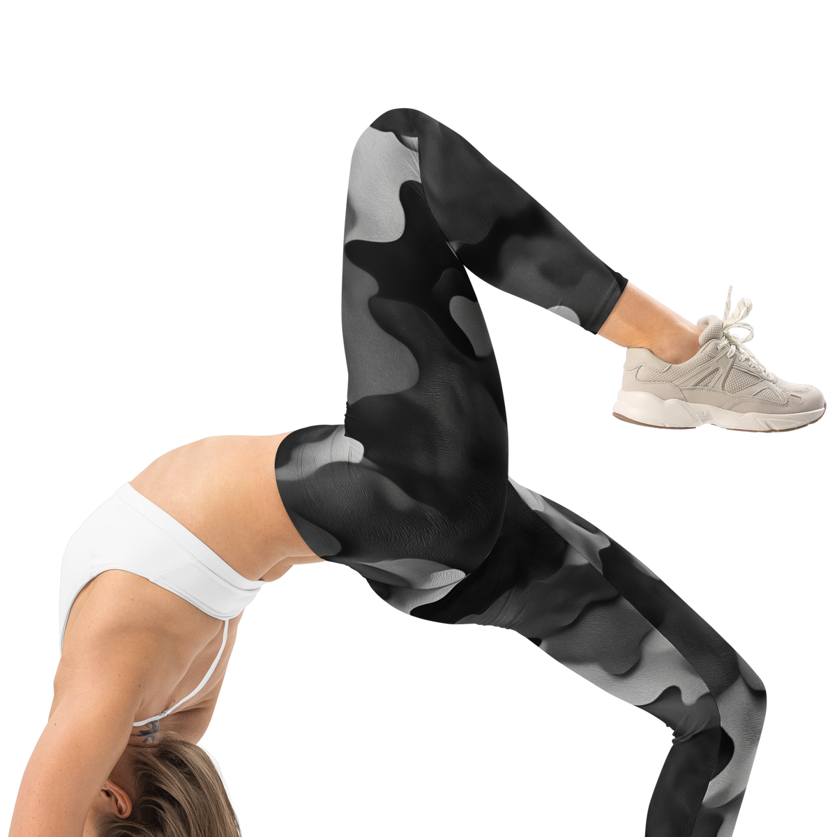 Barketta Greyscale camouflage mid-rise comfort leggings, right-side view.