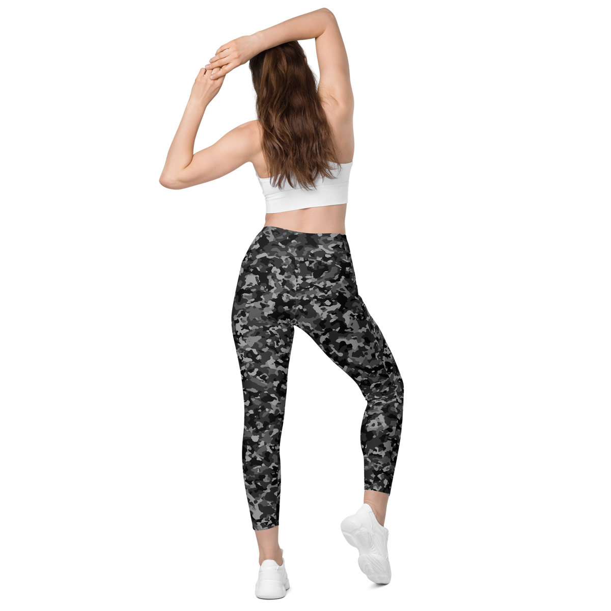Blizza Greyscale high-waisted pocket leggings, back view.