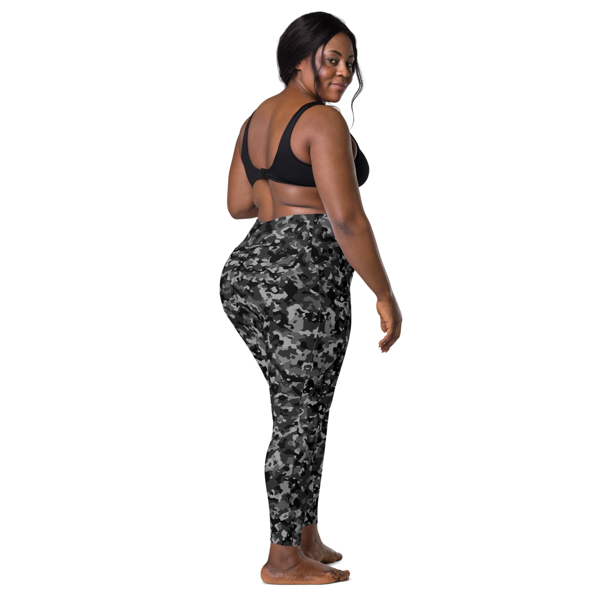 Blizza Greyscale high-waisted pocket leggings, larger-model back view.