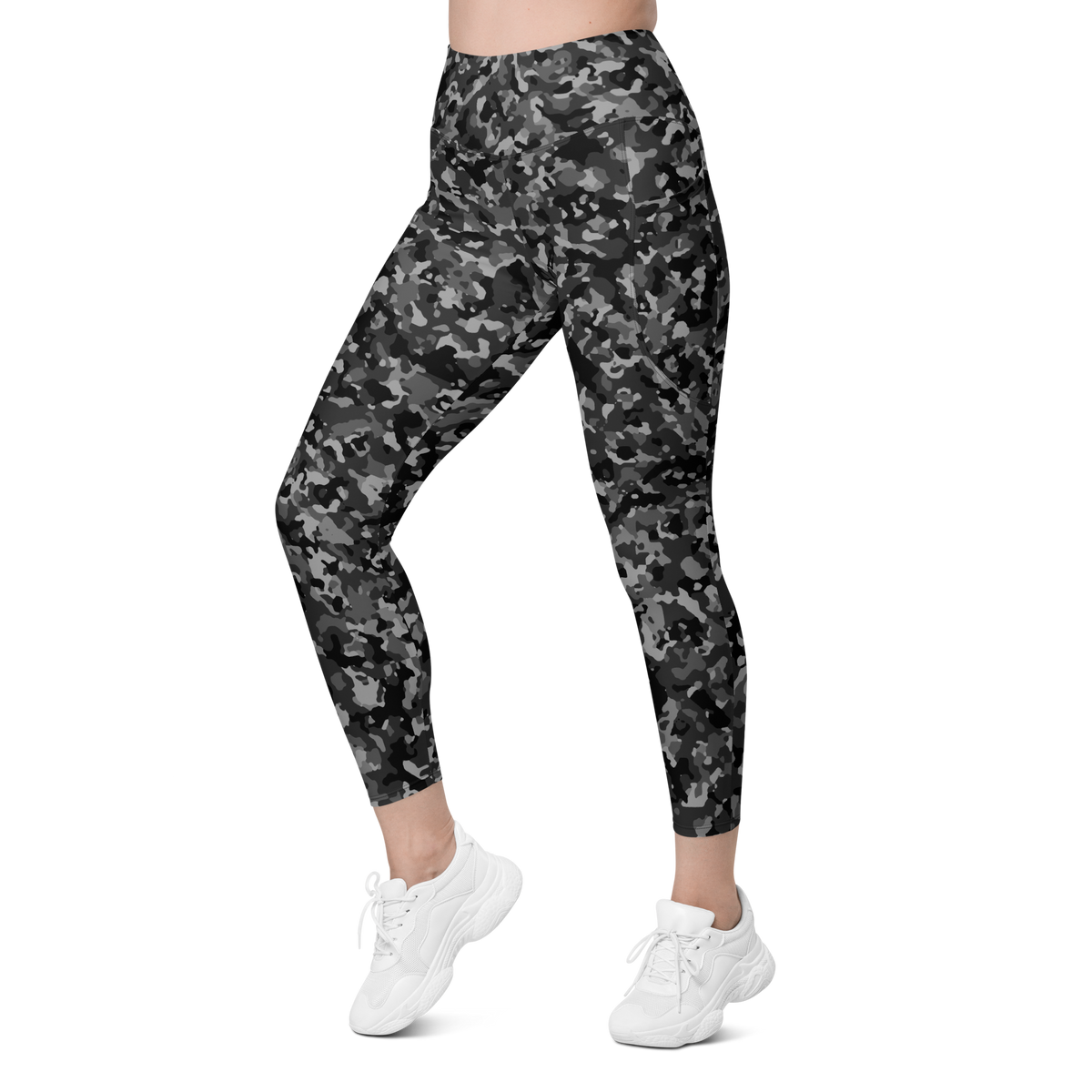 Blizza Greyscale high-waisted pocket leggings, left-front view.